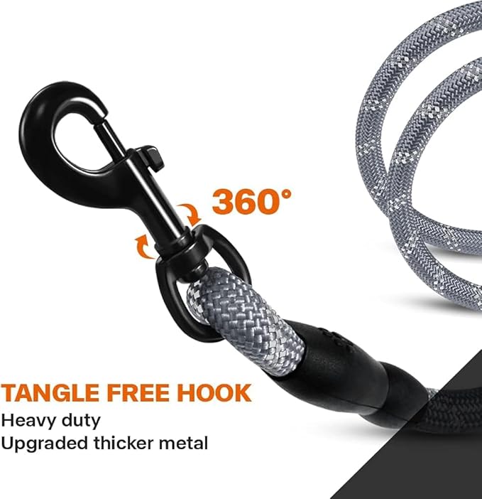 Taglory Rope Dog Leash 4 FT with Comfortable Padded Handle, Highly Reflective Threads Leash and Anti-Tangle Clip for Walking Small Dogs, 3/8 inch, Grey
