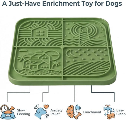 Dog Lick Mat with Suction Cups, 4-Texture Enrichment Slow Feeder for Dogs & Cats, Non-Slip Silicone Licking Pad for Anxiety Relief, Bathing & Training (Green)
