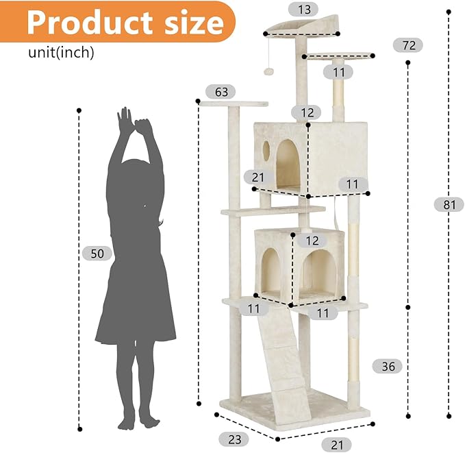 BestPet | 81" Cat Tree Tower | Cream | Sturdy, Easy to Assemble, Multi-Level Activity Center with Sisal Scratching Posts, Condos, Perches, Hanging Cat Toys, Observation Decks & Ladder