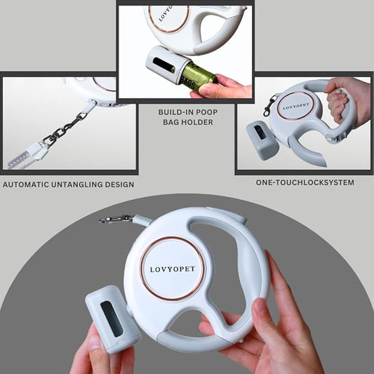 All-in-One Retractable Dual Dog Leash with LED Light and Poop Bag Holder, 360° Tangle-Free Swivel, One-Touch Brake/Lock, Durable Tape & Ergonomic Grip – for Two Small Dogs
