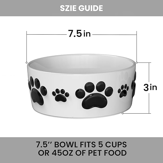 Ceramic Dog Bowls for Large Dogs - 7.5'' Round × 3'' Tall Dog Food & Water Bowl Set of 2 - Large Ceramic Bowl with Anti-Slip Rings - Food and Water Bowls with 5 Cups Capacity