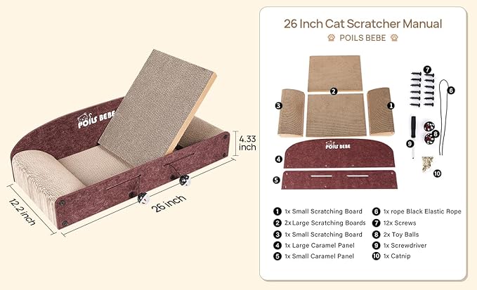 Poils Bebe 26 Inch Sofa Cat Scratcher, Small Cat Scratcher Cardboard with Bell Balls, Durable Couch Lounger for Indoor Cats, Cat Scratch Furniture Protector with Catnip, Cat Toys