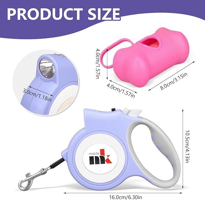 Retractable Dog Leash with LED Light Makife 5m Extendable Dog Lead for Small Medium Puppis up to 25kgs, One-Hand Brake & Lock System, Ergonomic Handle - Purple