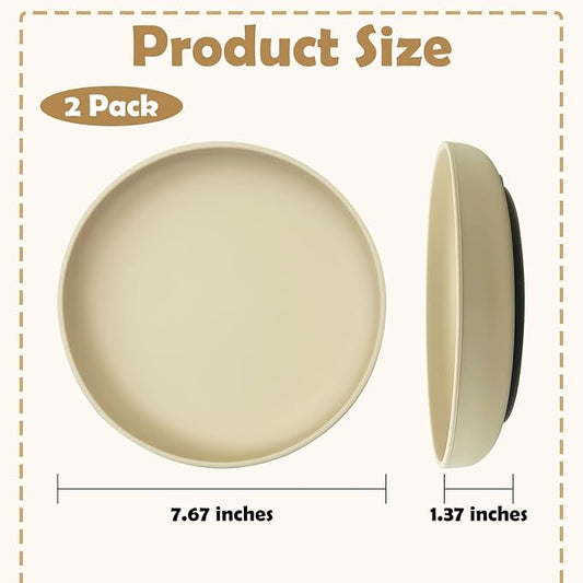 Silicone Dog Bowl Set of 2 Flat Puppy Food & Water Dish Less Mess Cat Dry Food Plates with Suction Cup Non-Tippable Feeding Bowls for Small & Medium-Sized Pets (Round Beige)