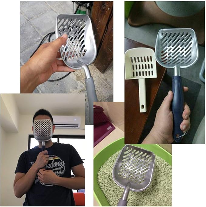 Non-Stick Metal Cat Litter Scoop with Long Handle, Solid Aluminum Alloy Deep Shovel, Kitten Pooper Lifter Scoop with Hole, Durable Kitty Litter Box Scooper Poop Sifter (Dark)