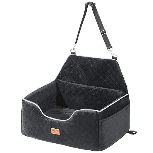 VEVOR Dog Car Seat, Waterproof Dog Booster Seat for Car with Side Handles and a Storage Pocket, Clip-On Safety Leash and PP Cotton Filling, Vehicle Bed for Small Dogs up to 25lbs, Gray