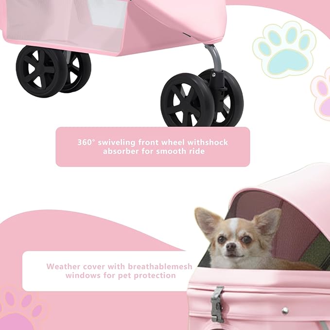 Pet Stroller for Small/Medium Dogs and Cats, Foldable 3 Wheel Jogger with One-Click Fold, Breathable Mesh, Storage Basket, Cup Holder, Weather Cover, (Pink)