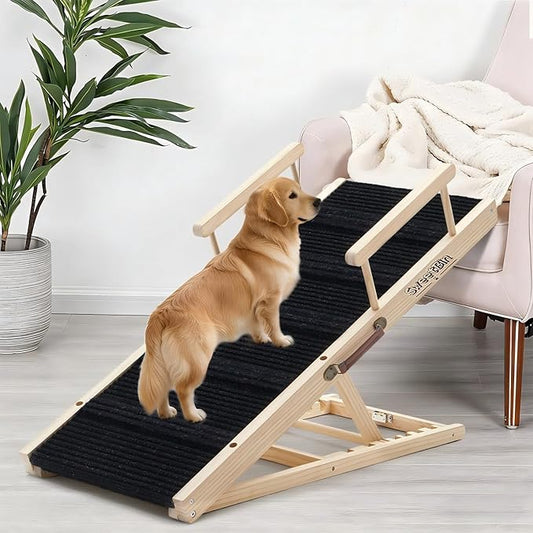 Dog Ramp for Bed - Foldable Small to Large Dog Ramp for Couch - 6 Adjustable Height from 12" to 24" - High Traction Mat & Safety Side Rails - Wooden Ramp for Dogs to Get on Bed Couch Car Up to 200LBS