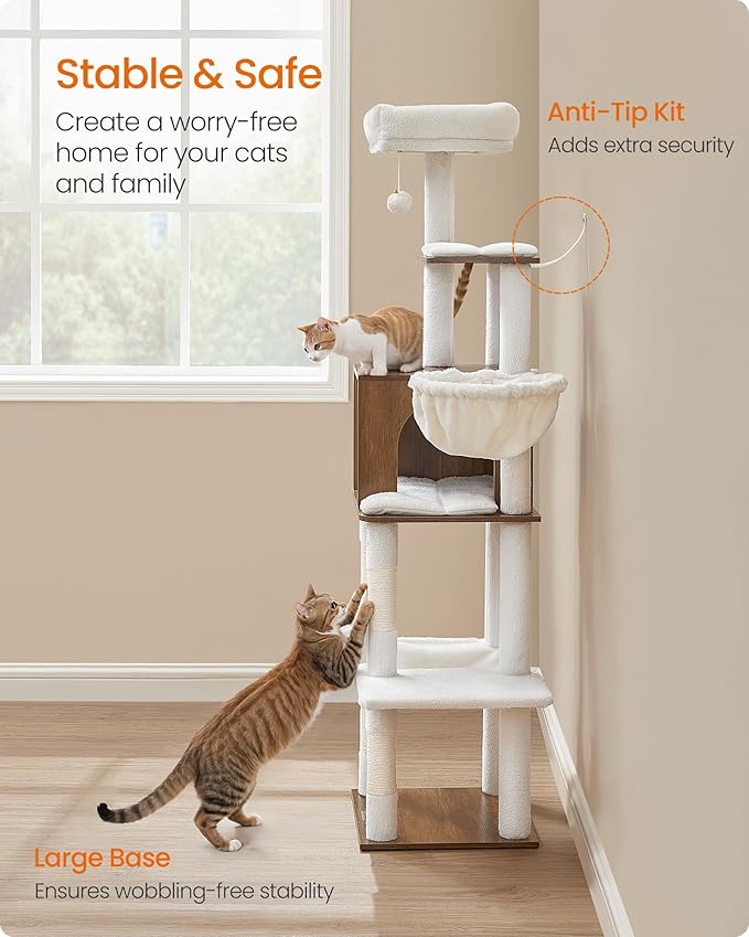 Feandrea Cat Tree, 65-Inch Tall Cat Tower, Multi-Level Condo with Cave, Basket, Hammock, Pompom, Scratching Posts, Honey Brown UPCT118K03