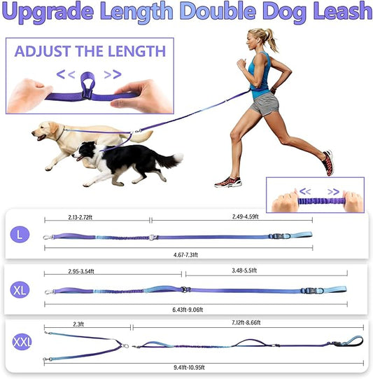 Roses&Poetry Hands Free Double Dog Leash for Two Dogs, 9-11ft Adjustable Bungee Walking Waist Lead, Dual Dog Leash with Tangle-Free Swivel for Medium Large Dogs Heavy Duty Running(Violet)