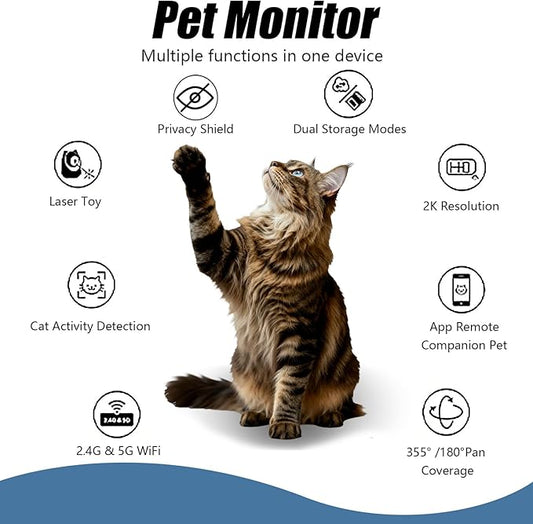Pet Camera, 2K HD Indoor Dog and Cat Camera with Auto-Tracking & Laser Toy, Home Security Camera with Motion Detection, 2-Way Audio, Night Vision, No Subscription Required(64GB SD Card)