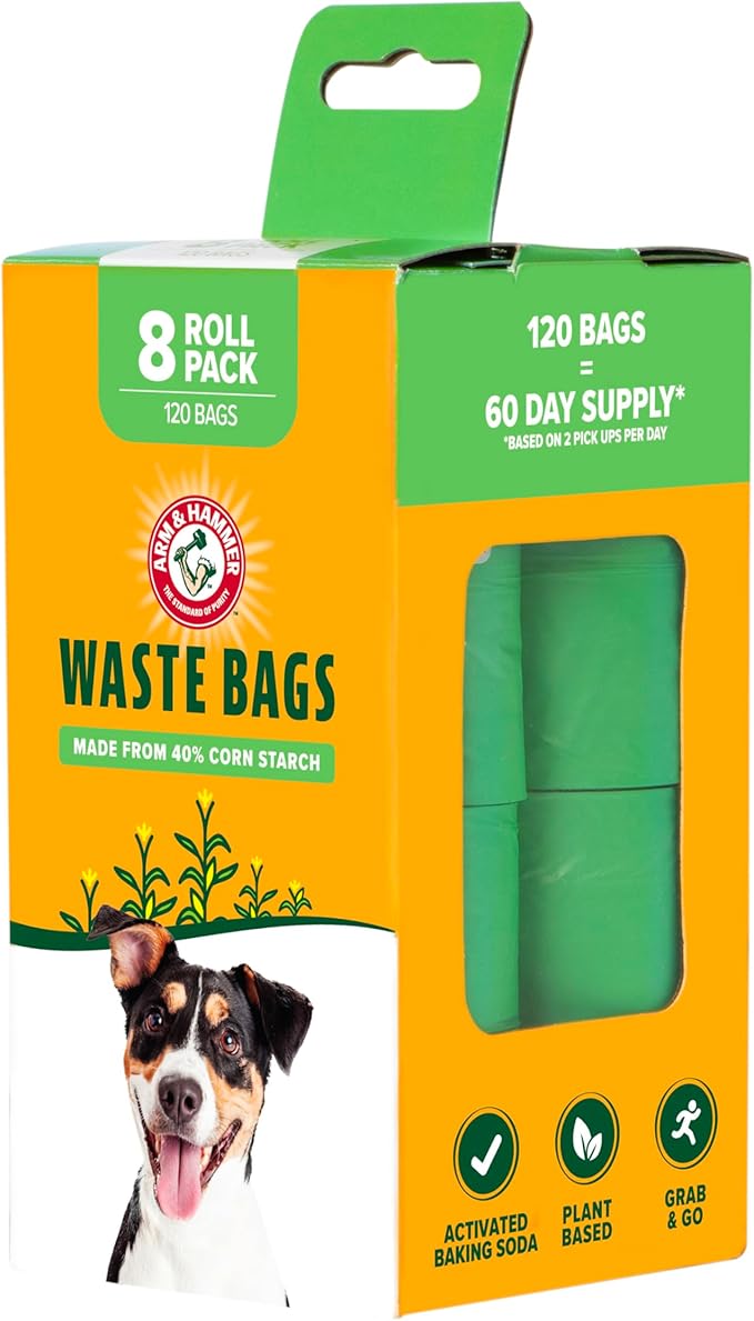 Arm & Hammer Dog Poop Leakproof Plant Based 120 Count Waste Bags, Unscented, Made From 40% Corn Starch With Activated Baking Soda, Pack of 8, Green