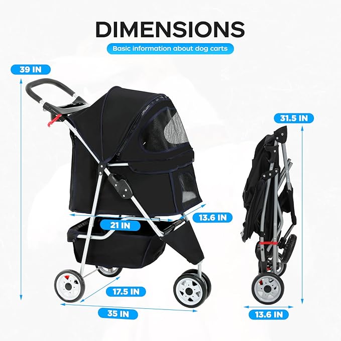 BestOffice Pet Stroller for Small Medium Dogs & Cats, 3-Wheel Foldable Dog Stroller with Cup Holder, Lightweight Travel Carrier, Waterproof Design for Outdoor Walks, Black
