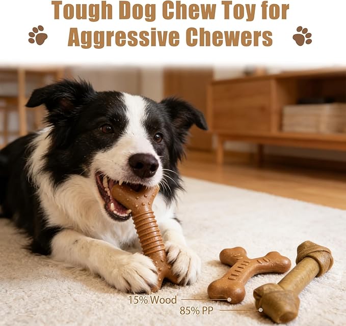 Dog Chew Toys for Aggressive Chewers, 3 Pack Nylon & Wood Teething Bone Toy Set with Chicken Flavor, Durable Tough Bones Chewing Toys for Medium & Large Dogs