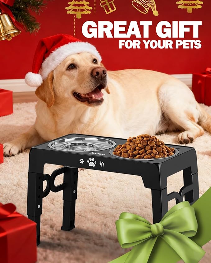 Elevated Dog Bowls for Medium Large Size Dogs, Non-Slip Dog Feeder with 1*Stainless Steel Dishes & 1*Slow Feeder Bowl, 5 Heights Adjustable Raised Bowls to 3.15″-8.66″-9.84″-11.02″-12.2″