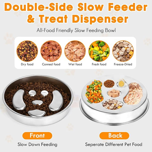 Stainless Steel Slow Feed Dog Bowl, 2 Pack Metal Slow Feeder Dog Bowls & Lick Bowl Plate, 2 Cups Double-Sided Non-Slip Small Medium Fast Eaters Puppy Puzzle Maze Slow Eating Dish for Dry Wet Raw Food