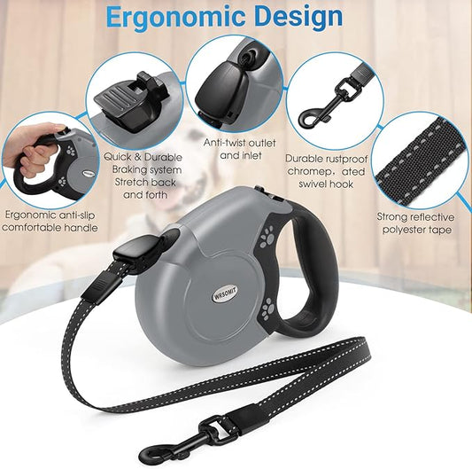 Retractable Dog Leash, 26 Ft Heavy Duty Pet Walking Leash for Small Medium Large Dogs up to 99lbs, Anti-Slip Handle, 360 ° No Tangle, Nylon Tape, One-Handed Brake (Grey)