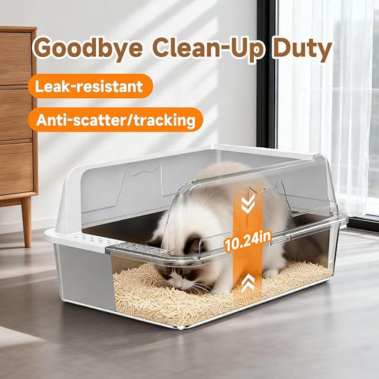 Extra Large Stainless Steel High Sides Cat Litter Box with Scoop, XL 23"X15"X10.3" Metal Odor Resistant Nonstick Easy Clean Kitty Litterbox, Gray