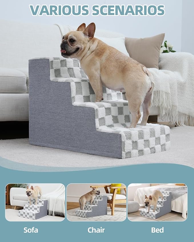KSIIA Dog Stairs for Small Dogs & Cats Pet Stairs Supportive 4-Tier Pet Steps for Bed Couch Sofa Chair, No-Slip Cat Steps with Removable Washable Cover, 24" D x 15" W x 17.5" H, Grey