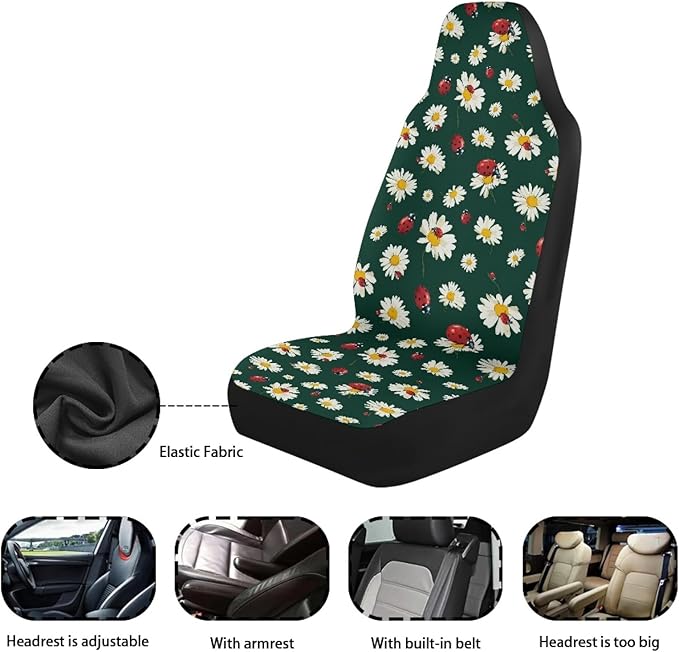 Cute Ladybug Car Seat Covers Front Seats Only for Women Daisy Front Seat Covers Universal Fit for Most Cars, Trucks, SUV, Van, Sedan, 2 Pcs Interior Auto Accessory, Green