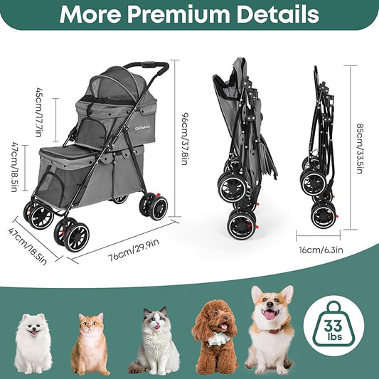 Double Pet Stroller for Dogs and Cats,Cat Strollers for 2 Cats,Double Dog Stroller for 2 Small Medium Dogs,4 Lockable Wheels/Lightweight/Folding,Grey