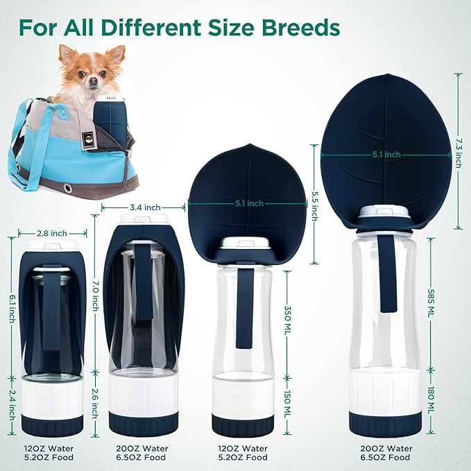 Uppetly Dog Water Bottle, Pet Water Bottle with Food Container and Drinking Feeder, Leak Proof, BPA-Free, Portable Foldable Puppy Water Cup Dispenser for Outdoor Walking, Travel, Small Dark Blue