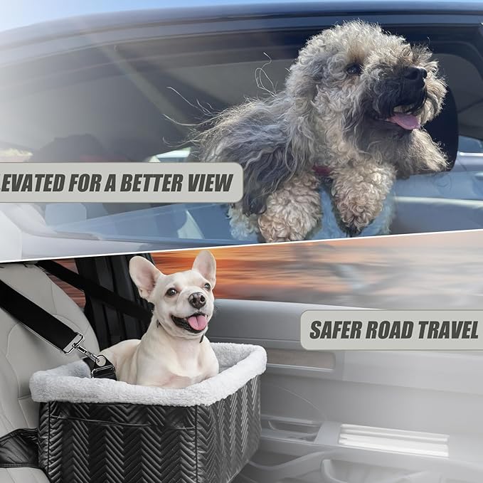 Leather Dog Car Seat for Small Dogs Under 20lbs, Dog Booster Seat with Metal Frame Construction Double-Layer Oxford Puppy Car Seats with Safety Leash Perfect for Small Pets Dogs Cats