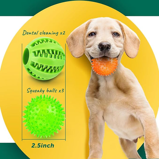 2 Different Functions Interactive Ball for Dogs 2.5” Squeaky Dog Balls Toys and Puppy Teething Chew Toy Balls for Small Dogs for Clean Teeth and Training (5Pcs)