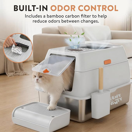 XL Stainless Steel Cat Litter Box with Enclosure and Pooper Scooper - Durable Black Metal Litter Box for Big Cats, High Sides for Anti-Leakage, Never Absorbs Odors, Non-Sticky - (60x40cm) (White)