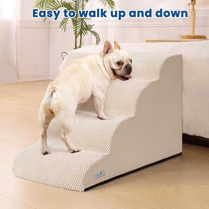 Dog Steps for Bed, 4 Step Pet Stairs for Small and Medium Dogs, Non-Slip Dog Ramp with Washable Cover, High-Density Support Foam for Easy Climbing,Beige