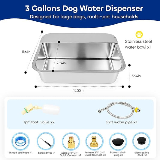 Automatic Dog Water Bowl Dispenser, 3 Gallon/11.6L Pet Water Dispenser for Cats and Large Dogs, 304 Stainless Steel Self Filling Auto Dog Water Feeder Outdoor Chicken Waterer for Livestock