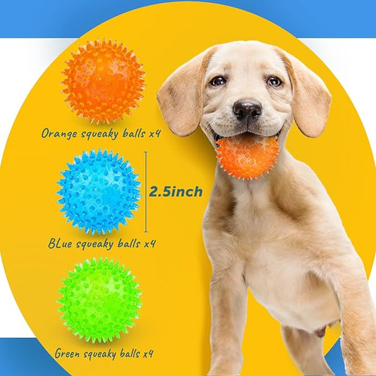 Puppy Toy 2.5” Squeaky Dog Balls Toys and Spikey Dog Ball for Aggressive Chewers for Small Dogs Dog Balls for Clean Teeth and Training (12 Pack)