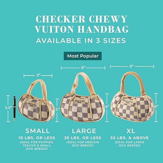 Haute Diggity Dog Checker Chewy Vuiton Handbag, Plush Designer Dog Toys with Interactive Squeaker, Stimulating Pet Enrichment, Machine-Washable & Safe Materials for All Breeds, Size XL