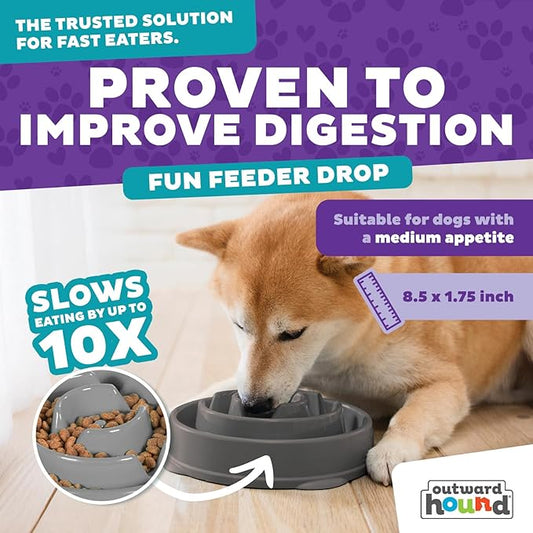 Outward Hound Fun Feeder Slo Bowl – Medium 2‑Cup Capacity,Slow Feeding,Small to Medium Dogs & Cats,Non-Slip,Gray,Drop Pattern,(Pack of 12)