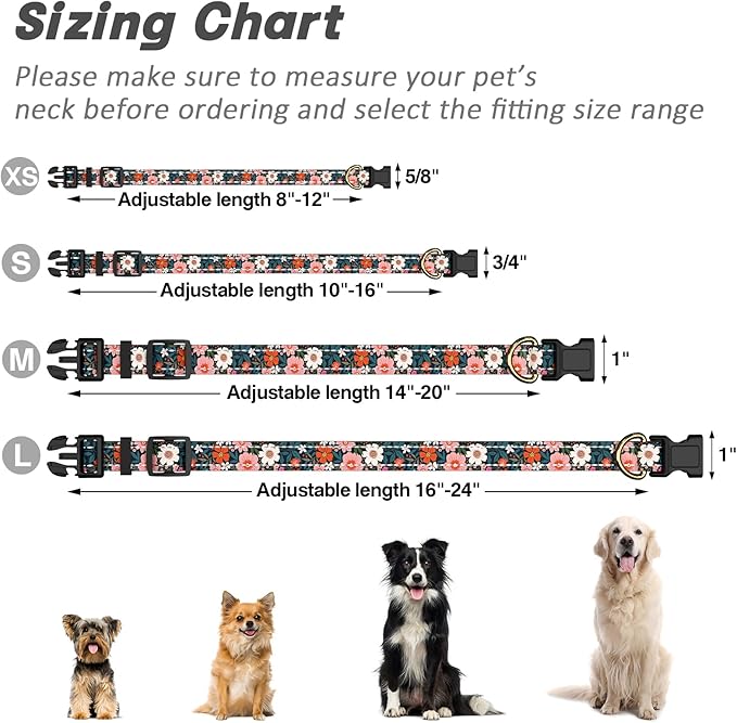Reflective Dog Collar for Large Dogs, Cute Flower Theme Adjustable Heavy-Duty Nylon Puppy Collar for Boy and Girl Female, Soft Pet Accessories with Quick Release Buckle, Elegant Floral
