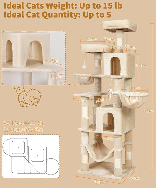 AMHANCIBLE Cat Tree, 70 Inch Cat Tower for Indoor Cats, Multi-Level Cat Tree with Scratching Post, Hammock, Hanging Basket, Large Cat Condos for Adult Cats Kittens, Beige, PT18BG