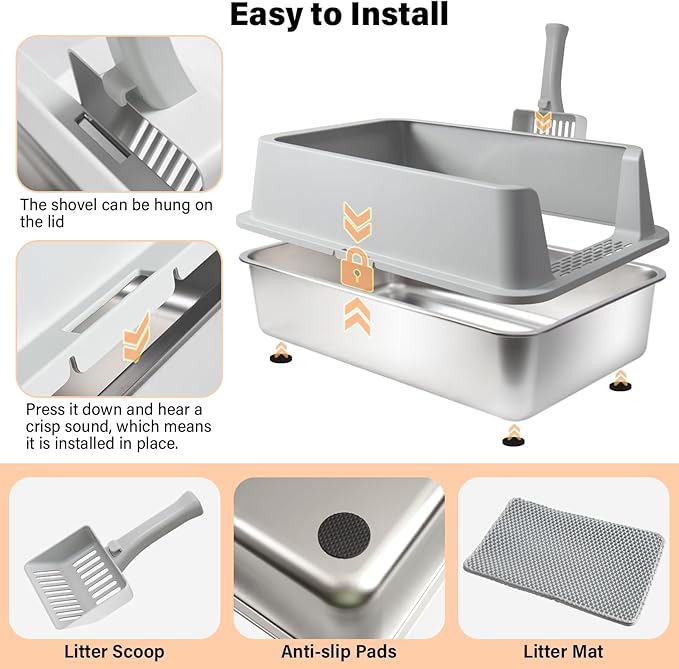 Stainless Steel Cat Litter Box with Lid, Large Metal Litter Box Stainless Steel with Mat & Scoop, Odor-Free/Anti-Leakage & Non-Stick/Easy Clean, High-Sided Litter Box for Multiple Big Cats(XL/Grey)