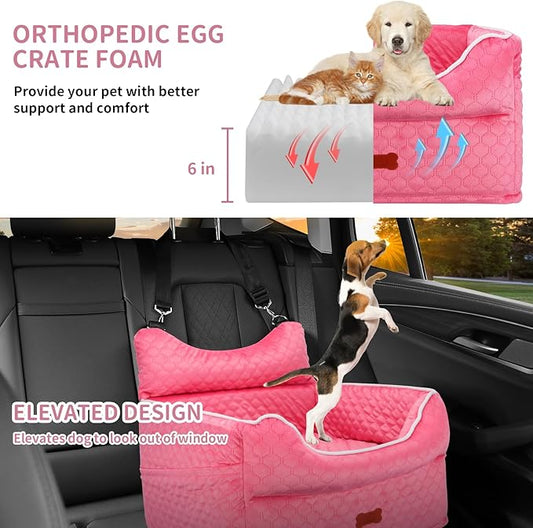 Dog Car Seat - Memory Foam Dog Booster Seat for Small Dogs Up to 25lbs-Elevated Pet Car Seat with Storage Pockets and Dog Seat Belt-Soft Pet Travel Bed for Front & Back Seats-Removable Washable-Pink