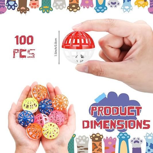 Hungdao 100 Pieces Cat Toys Balls, Plastic Lattice Balls Small Crinkle Cat Toys Assorted with Bell for Kitten Kitty PET Chase Pounce Rattle Play Toys, Assorted Color