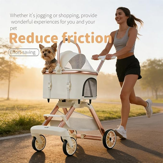 All-Terrain Pet Stroller for Small Medium Dogs & Cats, 30 lbs Capacity - Portable Carrier with One-Touch Brake, Lightweight Foldable Design & Shock Absorption Wheels,Beige