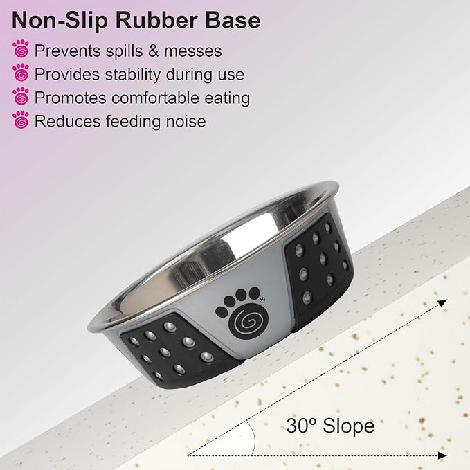 PetRageous 13097 Fiji Stainless Steel Non-Slip Dishwasher-Safe Dog Bowl 1.75-Cup Capacity 5.5-inch Diameter 1.75-inch Tall for Small and Medium Size Dogs and Cats, Light Grey and Black