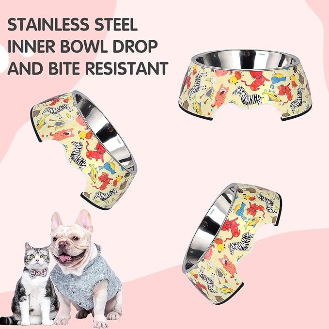 Pet Cats Dogs 2 in 1 Food Water Bowls - Non Slip Skid Proof Heavy Duty Pet Cats Dog Food Water Bowls for Feeding Drinking Small Medium Large Dogs Cats Puppies- Cartoon Animal World-S