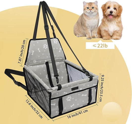 PetsHome Dog Car Seat Foldable Dog Car Booster Seat Waterproof Breathable Oxford Travel Bag for Small to Medium Dogs, Puppies, and Pets-Pattern Grey