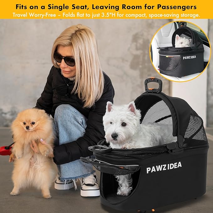 PAWZIDEA Portable Small Dog Crate for Car Travel up 33lbs, Enclosed Dog Car Seat Soft-Sided, Escape-Proof Reversible No-Zip Canopy, Foldable Pet Carrier Seatbelt for Small Medium Puppies & Cats Kennel