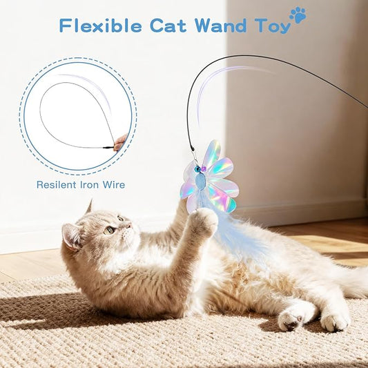 Pawaboo Feather Teaser Cat Toy, Interactive Feather Wand Cats Toy Flying Feathers Cat Catcher with Extra Long 34.5" Wand and Small Bell, Exerciser Playing Toys for Kitten or Cats, Blue Butterfly