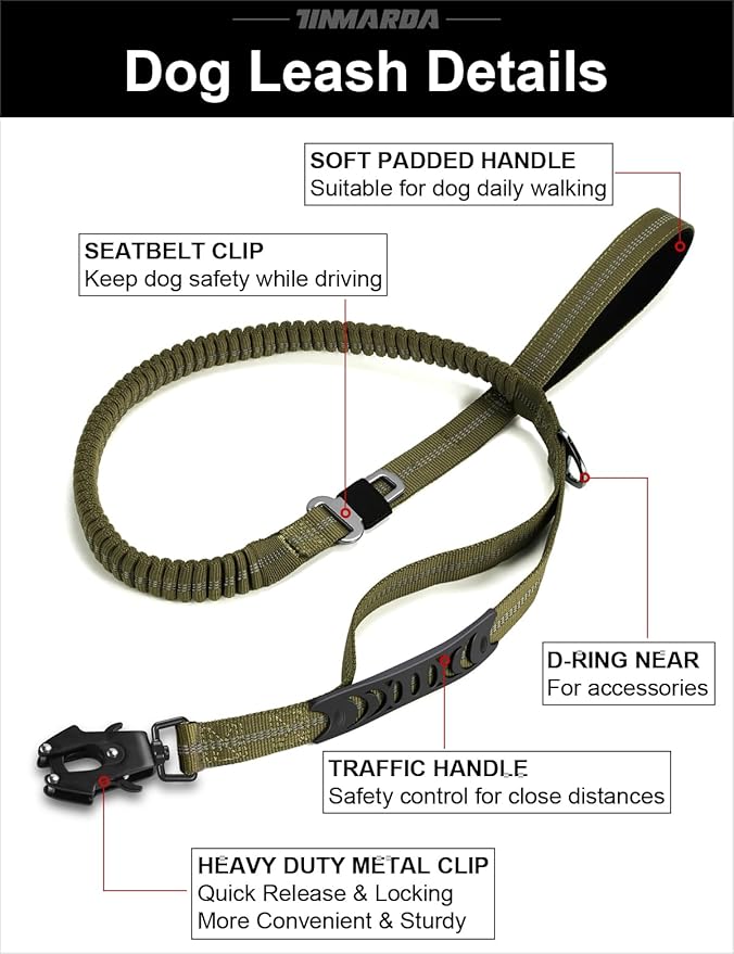 Heavy Duty Dog Leash with 2 Padded Handles & Advanced Easy Metal Clip, 4-6FT Shock Absorbing No Pull Dog Leashes for Medium Large Dogs that Pull (Army Green)