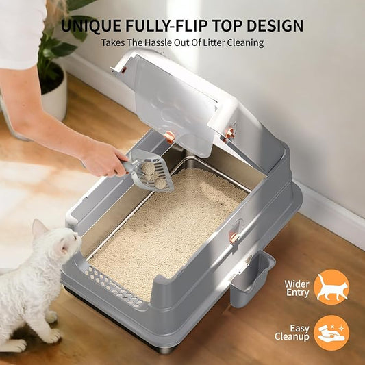 Stainless Steel Cat Litter Box with Lid, Small Enclosed Metal Litter Pan for Kittens & Small Animals, Full Flip Cover Litter Box Include Scoop & Step, Leak Proof Easy Clean Odor Control, Grey