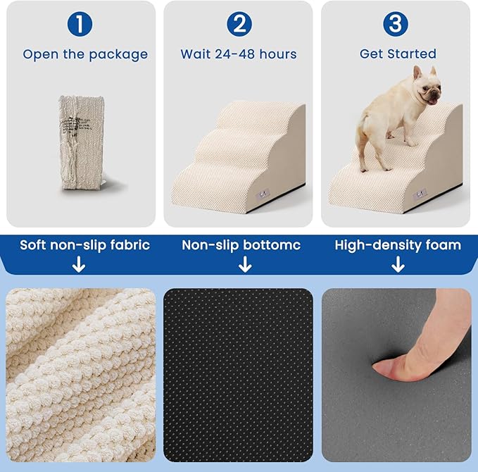 Dog Stairs for Small Dogs and Cats – 3 Step Pet Ramp for Couch & Sofa, Non-Slip Dog Steps for Pets, Washable Cover, High-Density Support Foam for Easy Climbing,Beige