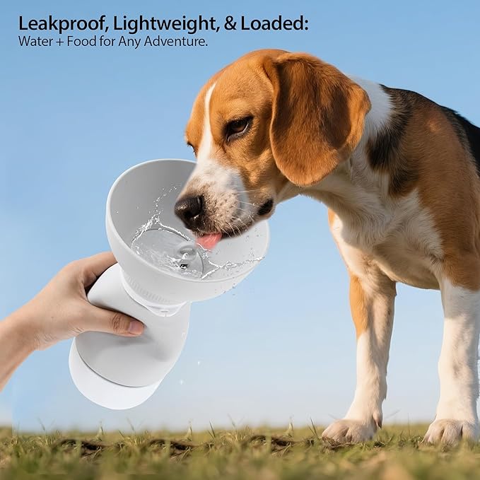 Portable Pet Water Bottle - 20 oz with 8.8 oz Food Container ,Silicone Leakproof Travel Bottle for Dogs Cats, Detachable Feeding Dish for Walking Hiking Travel Grey