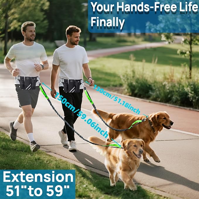 Hands Free Dog Leash for Running with Adjustable Waist Belt, Shock Absorbing Bungee & Reflective Stitching for Large Medium Small Dogs on Walks, Jogging, Hiking Training (Black)